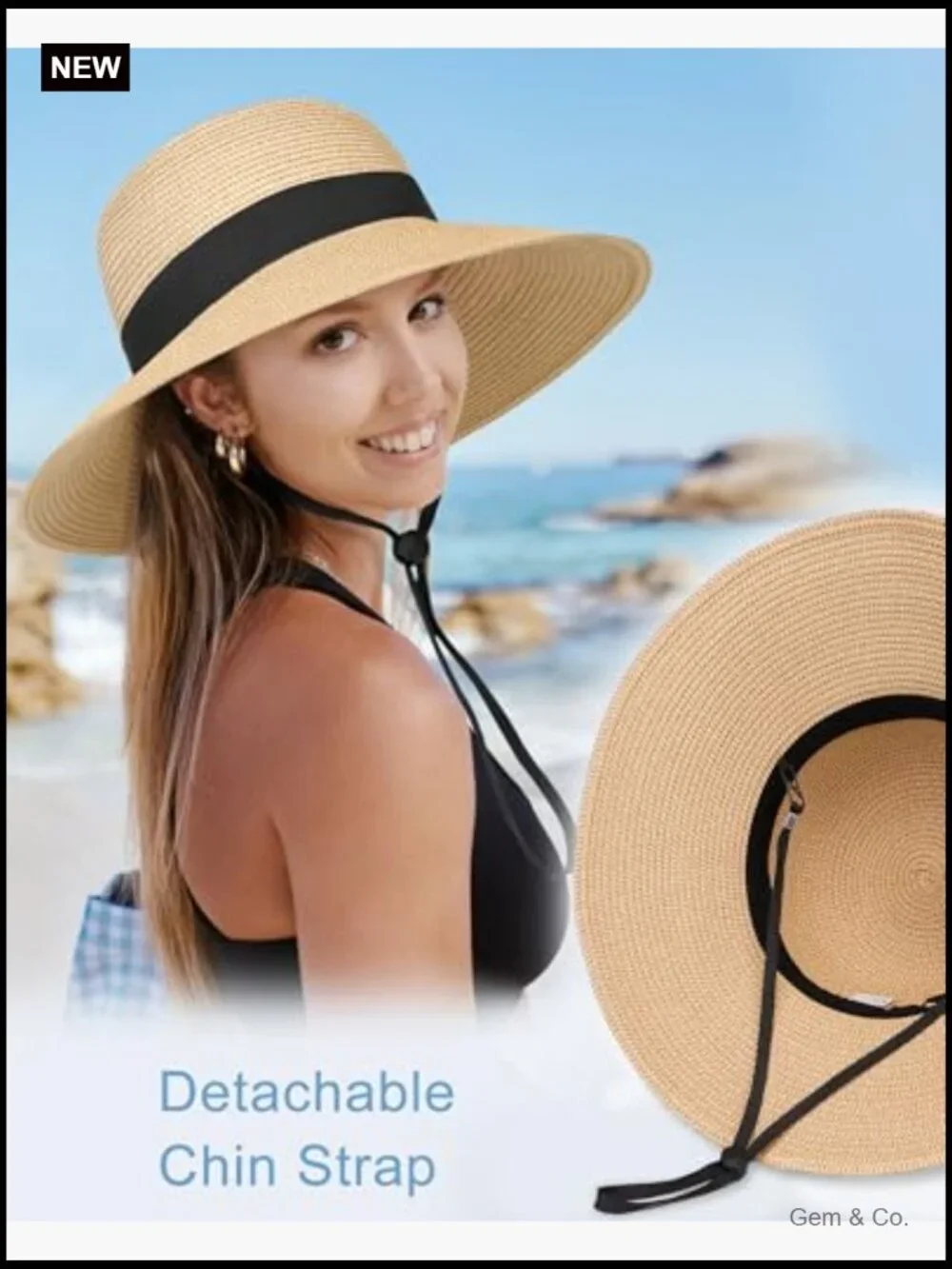 Wide Brim Straw Floppy Sun Hat for Beach Vacation Garden Packable UPF 50+